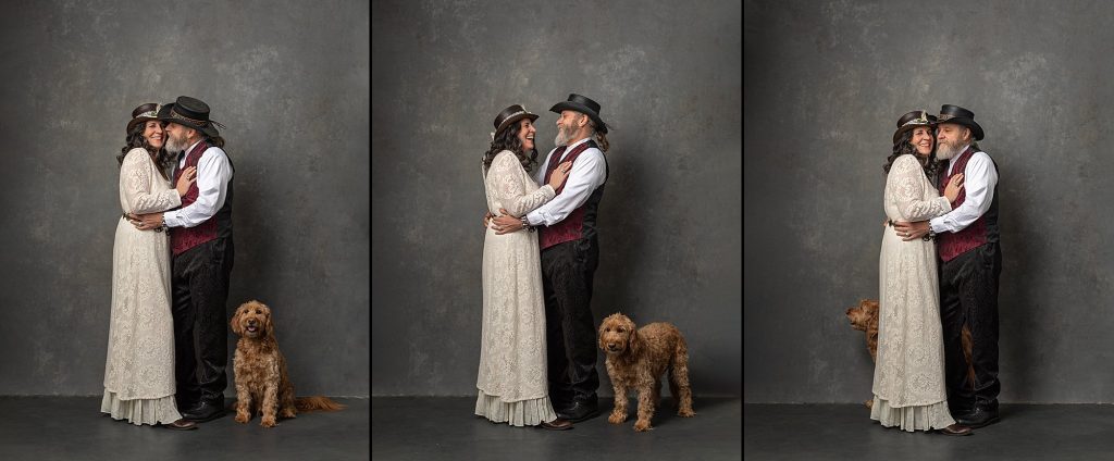 Three portraits of Christine and Mark with one of their dogs