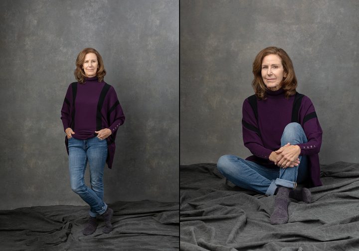 Two photos of Robin wearing jeans and a sweater for The Over 50 Revolution