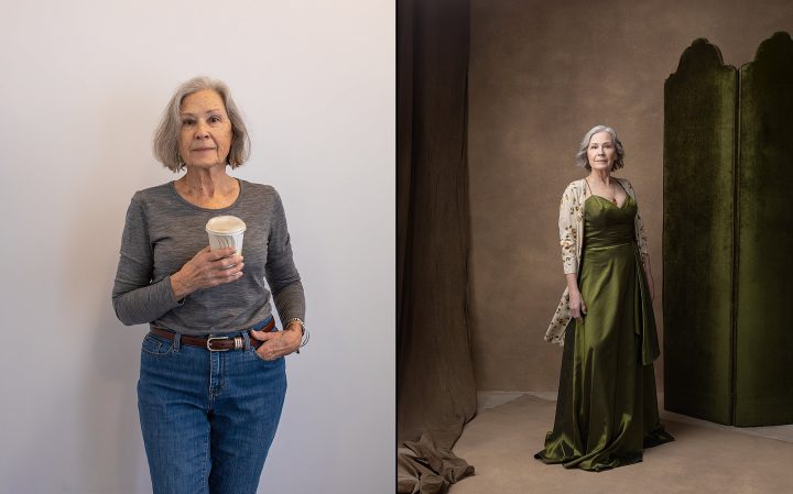 Before and after styling, lighting, and direction - Georgia wearing a green gown for her session for The Over 50 Revolution
