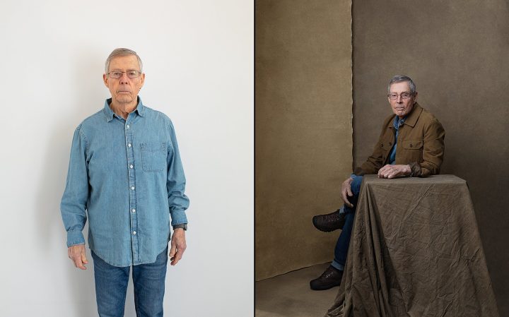 A man in his 80s, before photo and a portrait after styling, lighting, direction