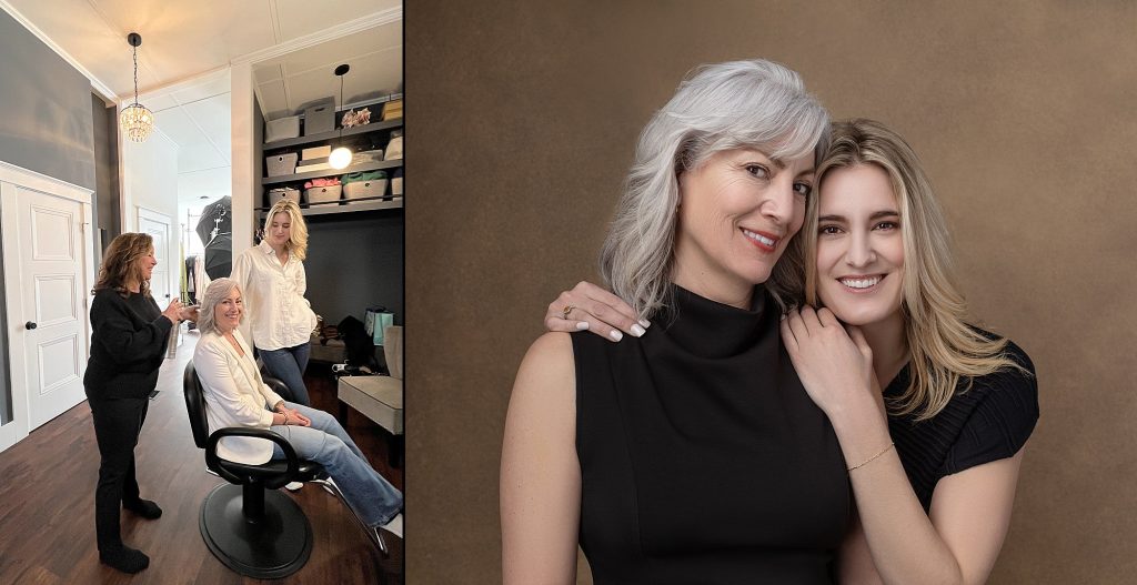 during the mother daughter portrait experience - photo on the left: they are enjoying professional hair and makeup styling. Photo on the right, a mother-daughter portrait