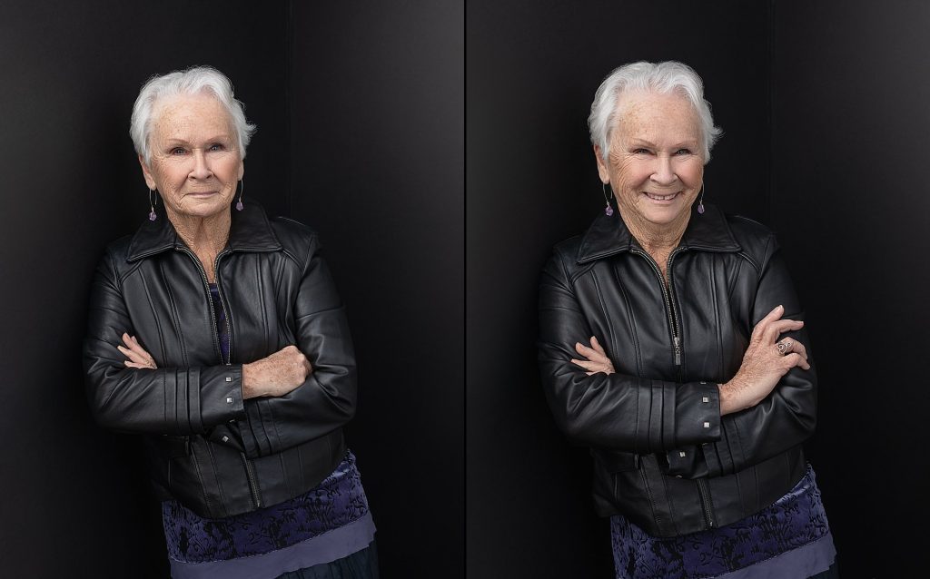 Two portraits of mother, Ginny, wearing a black leather jacket during her photo session for The Over 50 Revolution