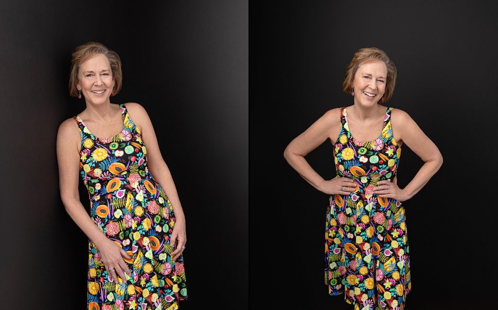 Two portraits of Terri wearing a colorful dress in front of a black background