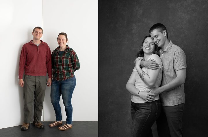 Two photos of a couple, before and after styling, lighting, and posing direction