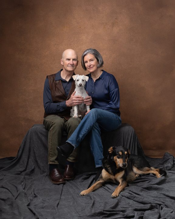 New Family portrait of Patty & Dan with their two dogs