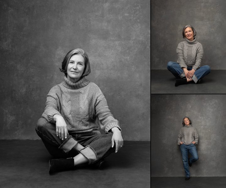 Three photos of Patty, wearing a casual sweater and jeans
