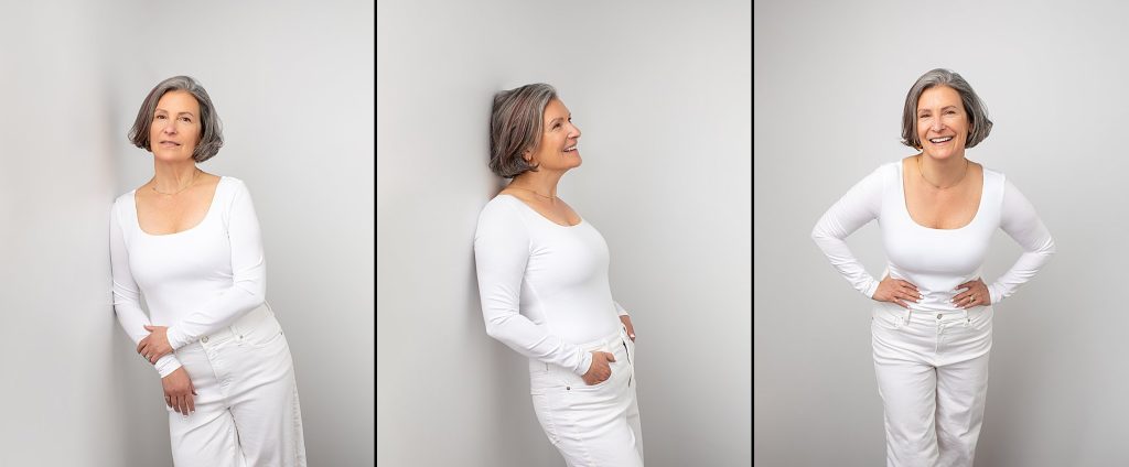 Three photos of Patty, wearing white in front of a light background