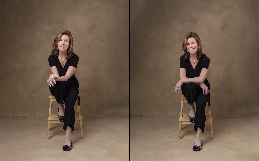 Two photos of Debra, seated, wearing a black jumpsuit, for The Over 50 Revolution