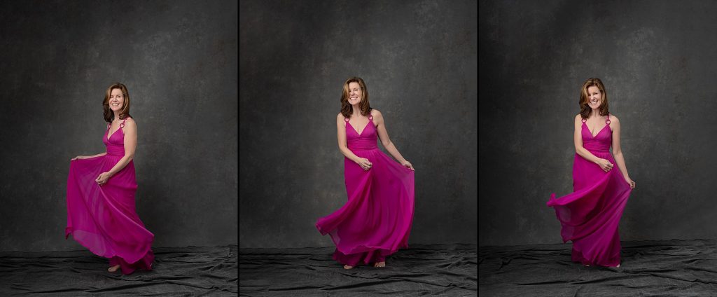 Three photos of Debra wearing a long pink dress during her photo session for The Over 50 Revolution