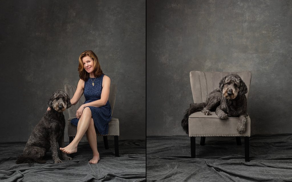 Two photos: One of Debra and her dog, and one of her dog sitting on a velvet chair.