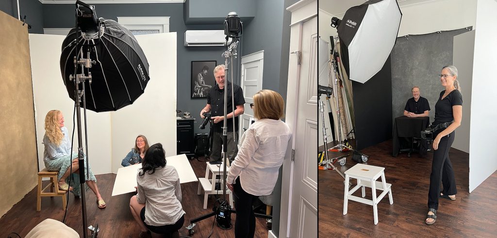 Behind the scenes photos from a portrait photography workshop at Maundy Mitchell Photography studio in Plymouth, NH