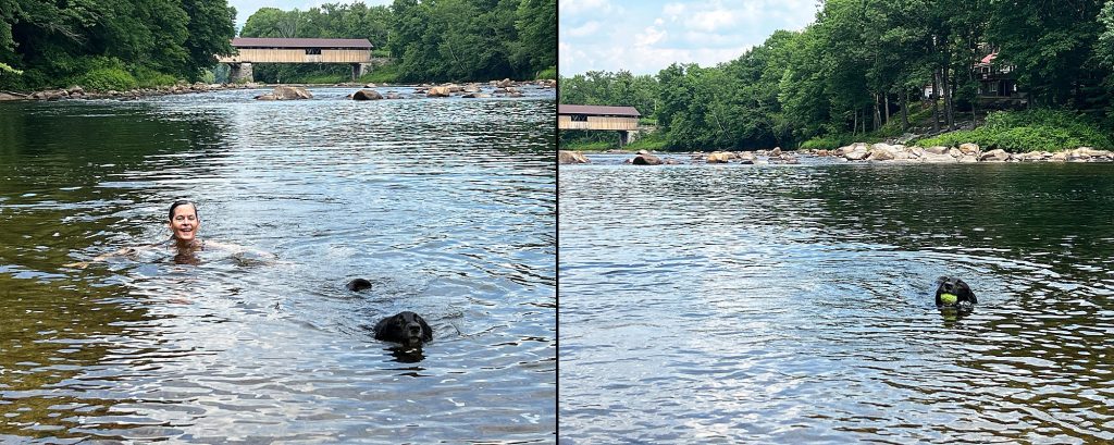 Maundy swimming with her dog, Viktor