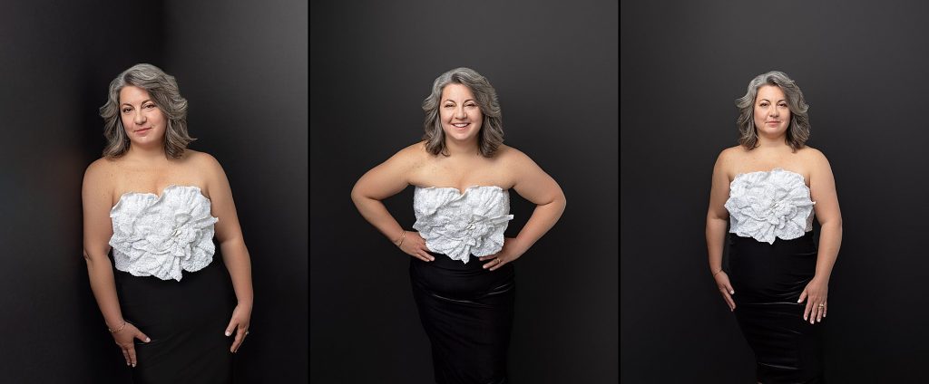 Three photos of Rebecca, wearing a black and white dress with floral top