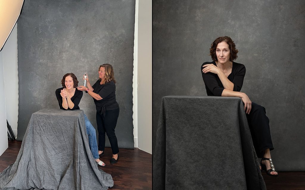 Two photos of Sandy during her session for The Over 50 Revolution. One is a behind-the-scenes image of Sandy enjoying hair and makeup styling. The other is a portrait of Sandy, seated, wearing a black outfit.