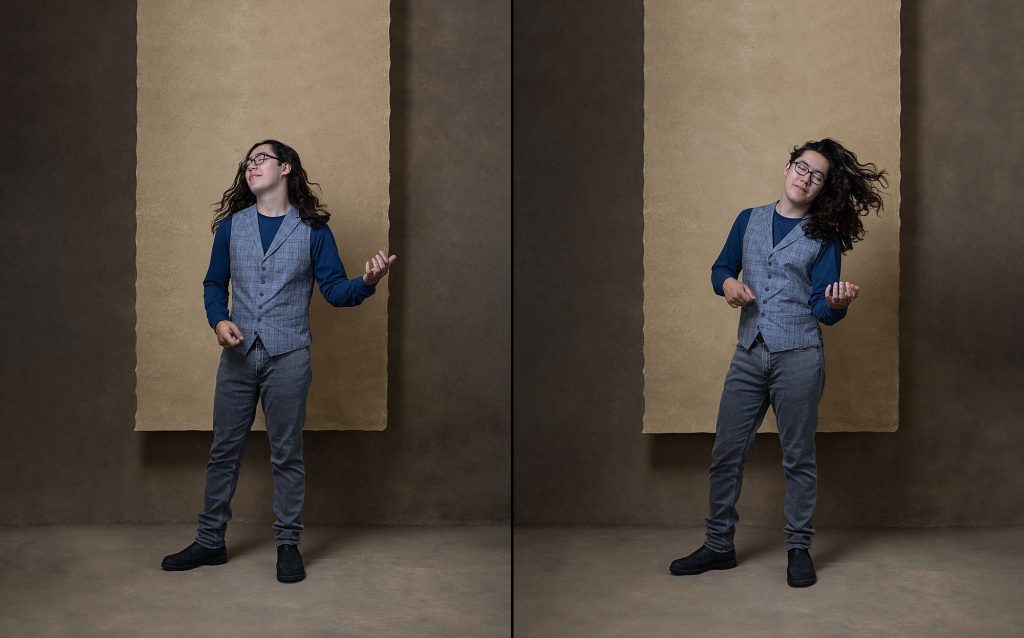 Two portraits of David playing "air guitar"