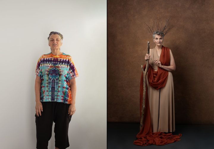 Two photos of Sue. Left: Before hair & makeup, styling, lighting, and direction. Right: a finished portrait from her session for The Over 50 Revolution. She is standing in front of a gold-brown backdrop, wearing a long dress and a stick crown, holding a stick staff.