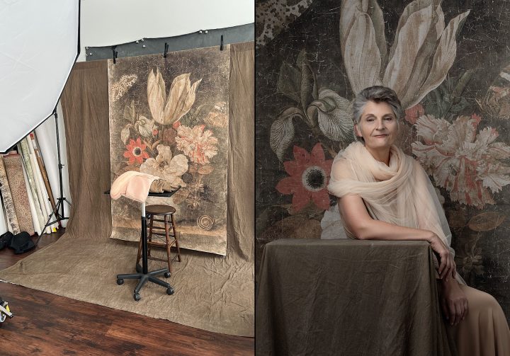 Behind the scenes and a finished portrait of Sue with a floral backdrop from her session for The Over 50 Revolution.