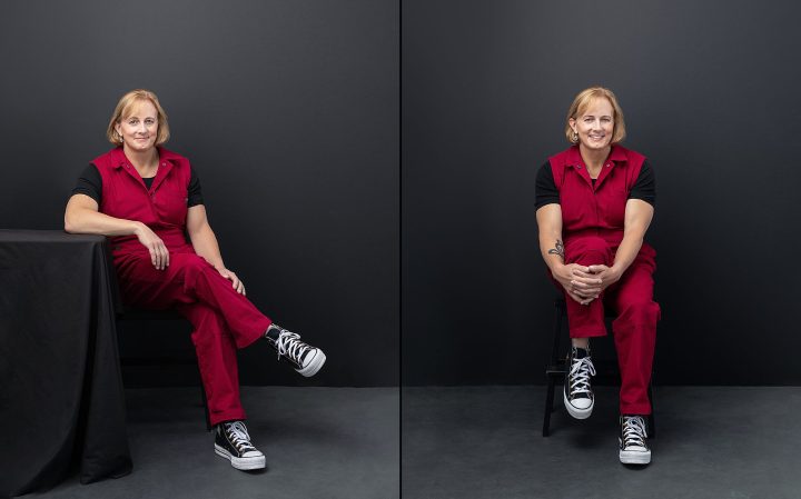 Two photos of Jess, an entrepreneur, who is wearing a pink jumpsuit and Converse sneakers, seated in front of a black backdrop.