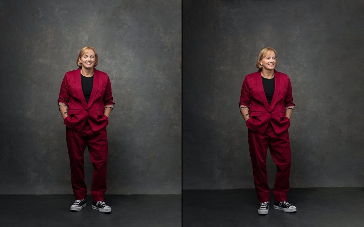 Two branding portraits of Jess, who is standing, wearing a pink suit and Converse sneakers