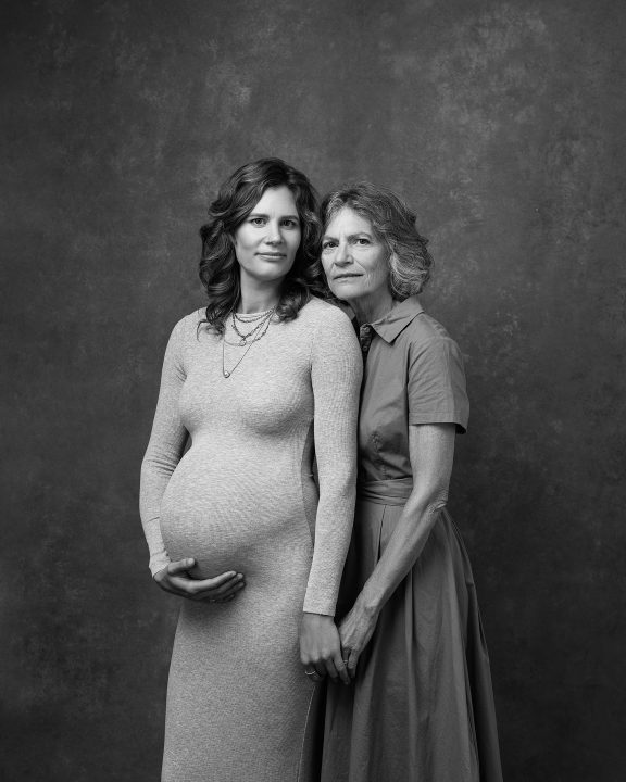 Black and white portrait of Hally and her mother, Caryn