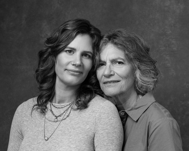 Black and white portrait of Hally and her mother, Caryn