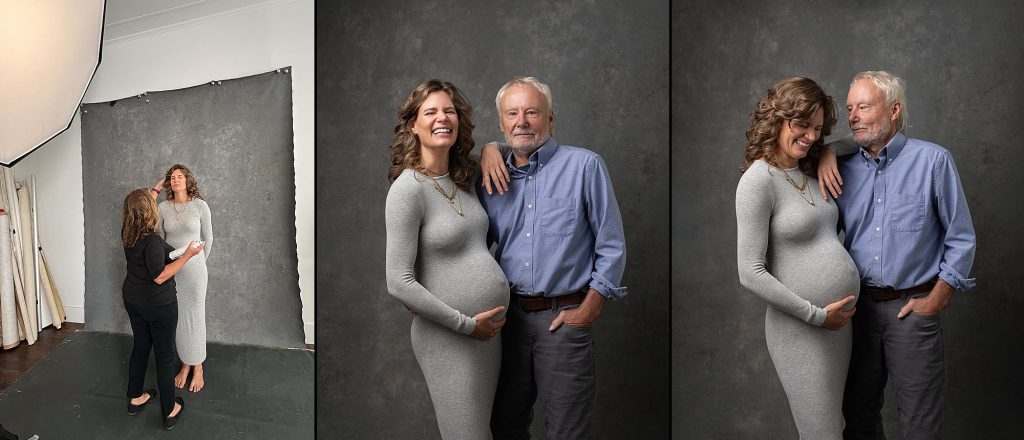 collage of three photos: behind the scenes, two portraits of Hally with her father, Tim