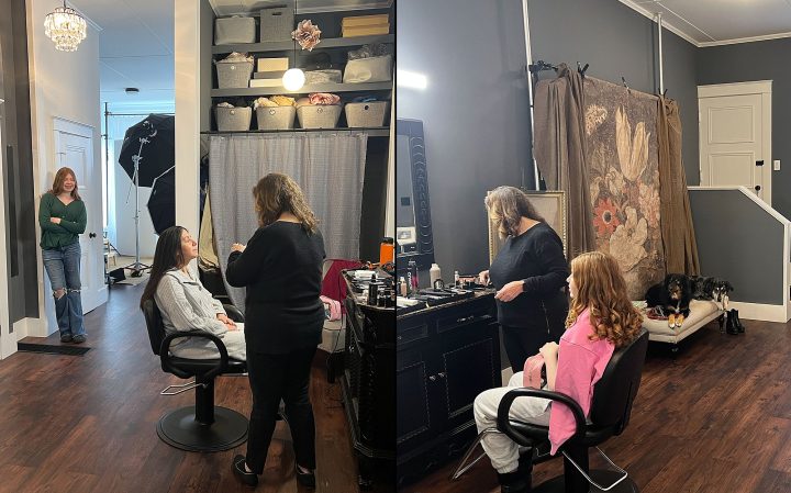 Behind the scenes - a mother and daughter enjoy professional hair and makeup while the family's dogs look on