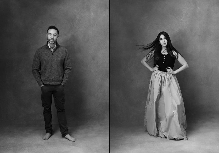 Two black and white portraits of a couple from their family portrait session with dogs