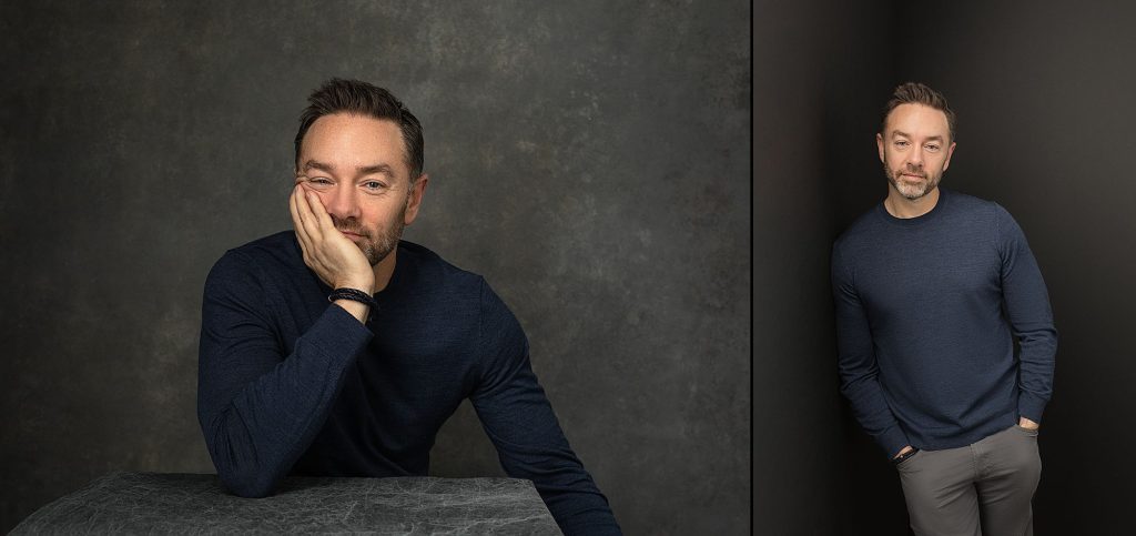 two studio portraits of a man from his family portrait session