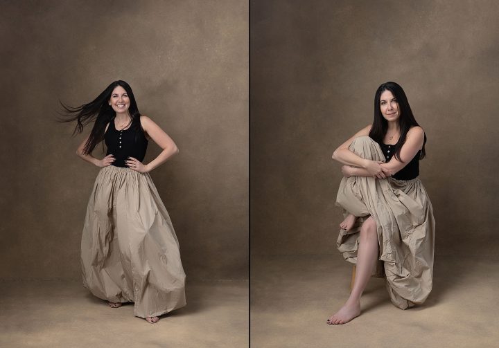 Two portraits of Sabreena, wearing a beige skirt from her family portrait session