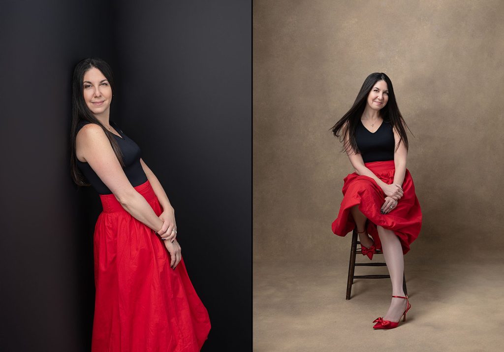 Two portraits of Sabreena wearing a red skirt during her family session with dogs