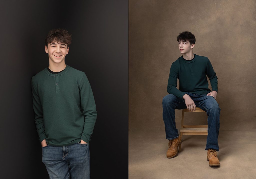 Two studio portraits of a teenage boy