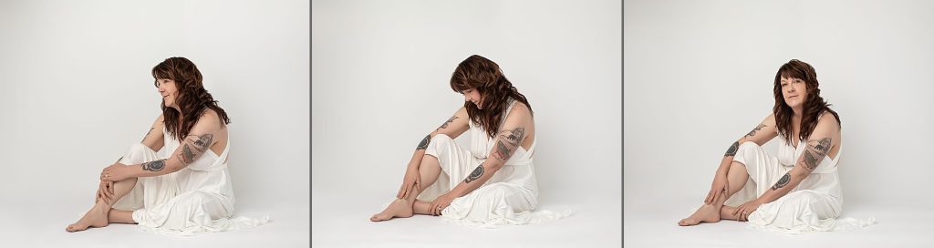 Three portraits of a woman, seated, wearing white, in front of a white background