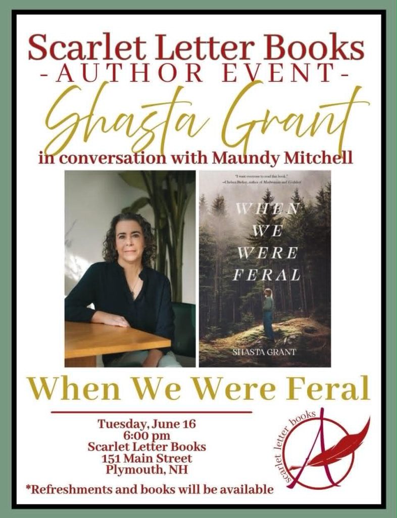 Poster for author event at Scarlet Letter Books in Plymouth, NH with Shasta Grant and Maundy Mitchell