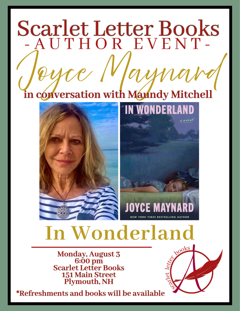 Scarlet Letter Books poster for Joyce Maynard author event in conversation with Maundy Mitchell on August 3, 2026
